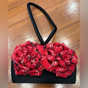Vintage “Le Petit Jardin” by Barbaree Clutch - Black Satin w/ Red Plaid Flowers